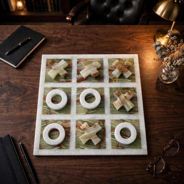 Handmade Onyx Marble Tic Tac Toe Game: White Green Stone Board, Luxury Home Decor