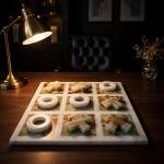 Handmade Onyx Marble Tic Tac Toe Game: White Green Stone Board, Luxury Home Decor