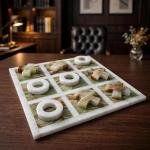 Handmade Onyx Marble Tic Tac Toe Game: White Green Stone Board, Luxury Home Decor