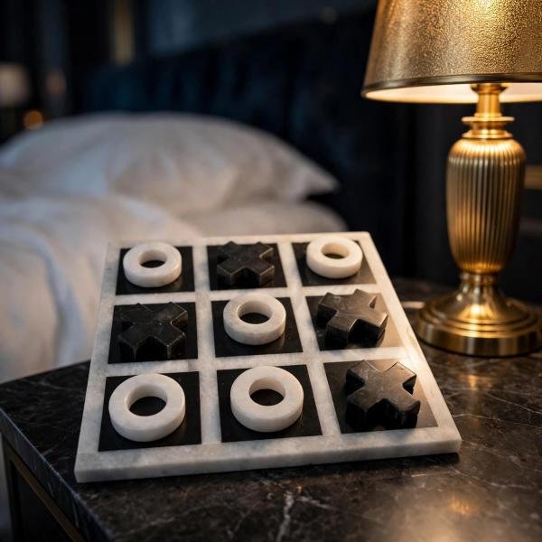 Handmade Onyx Marble Tic Tac Toe Game: White Black Stone Board, Luxury Home Decor
