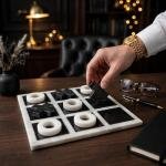 Handmade Onyx Marble Tic Tac Toe Game: White Black Stone Board, Luxury Home Decor