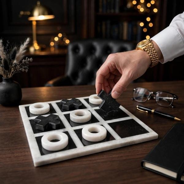 Handmade Onyx Marble Tic Tac Toe Game: White Black Stone Board, Luxury Home Decor