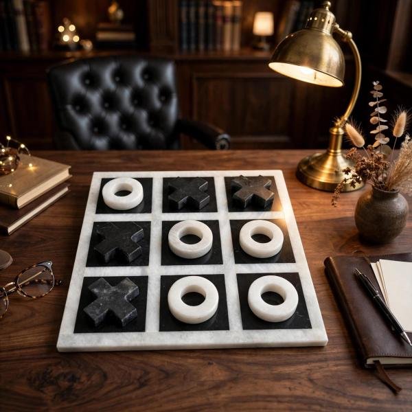 Handmade Onyx Marble Tic Tac Toe Game: White Black Stone Board, Luxury Home Decor