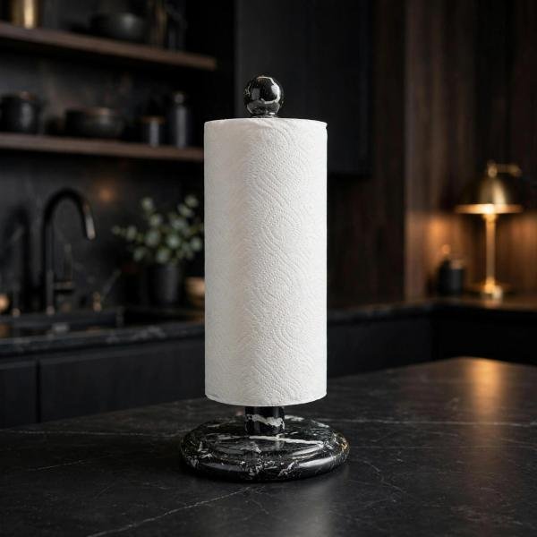 Handmade Black Marble Paper Towel Holder: Natural White Veins, Polished Stone Decor