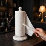 Handmade White Marble Paper Towel Holder: Natural Veins, Polished Stone Kitchen Decor