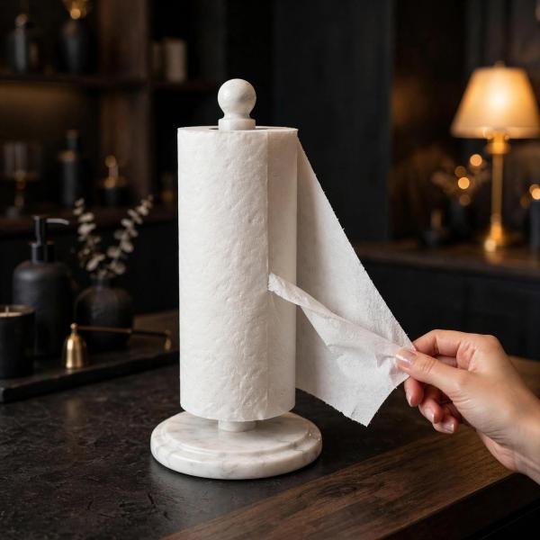 Handmade White Marble Paper Towel Holder: Natural Veins, Polished Stone Kitchen Decor