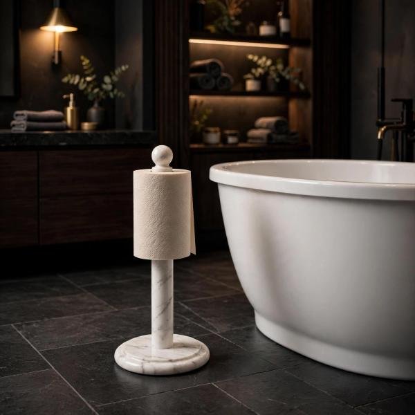 Handmade White Marble Paper Towel Holder: Natural Veins, Polished Stone Kitchen Decor