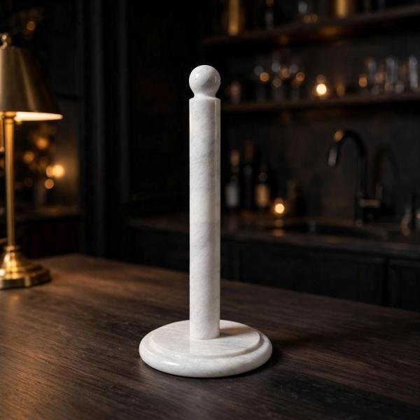 Handmade White Marble Paper Towel Holder: Natural Veins, Polished Stone Kitchen Decor