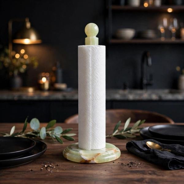 Handmade Green Marble Paper Towel Holder: Natural Veins, Polished Stone Roll Stand (Kitchen Decor)