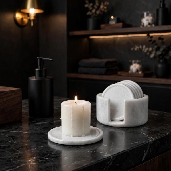 Handmade White Marble Coasters Set, Natural Stone Drink Coasters, Luxury Home Decor