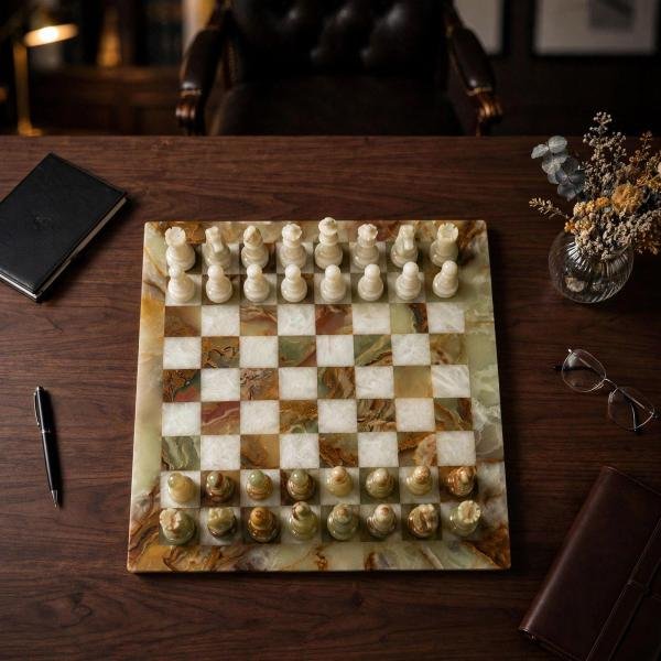 Handcrafted Green White Marble Chess Set, 15 Inch Natural Stone Board Game Decor
