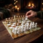 Handcrafted Green White Marble Chess Set, 15 Inch Natural Stone Board Game Decor