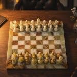 Handcrafted Green White Marble Chess Set, 15 Inch Natural Stone Board Game Decor