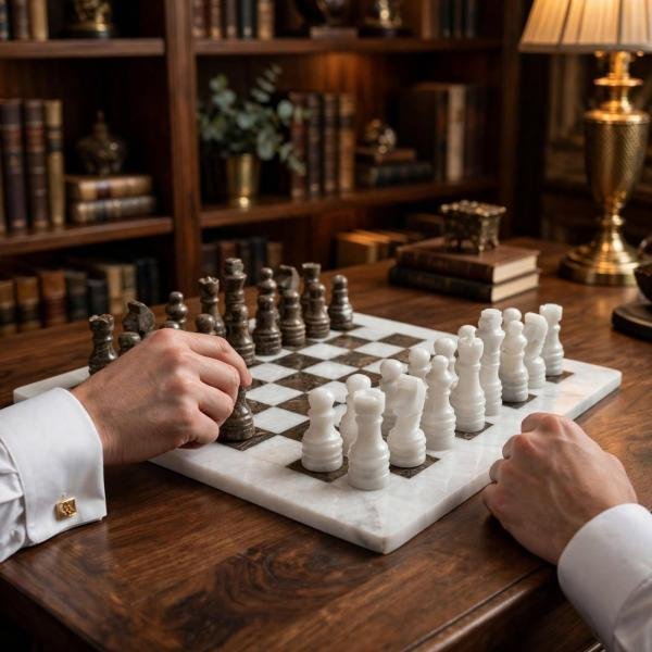 White Marble Ocean Fossil Chess Set | Luxury Stone Board, Elegant Home Decor