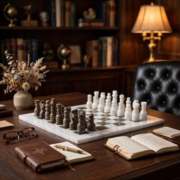 White Marble Ocean Fossil Chess Set | Luxury Stone Board, Elegant Home Decor