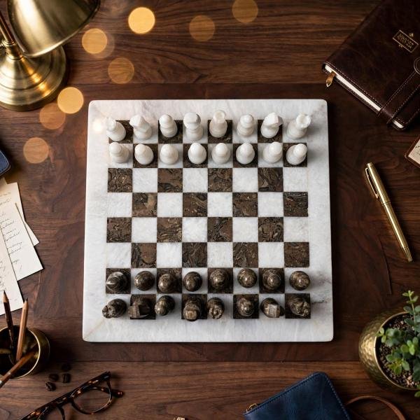 White Marble Ocean Fossil Chess Set | Luxury Stone Board, Elegant Home Decor