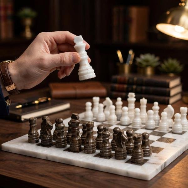 White Marble Ocean Fossil Chess Set | Luxury Stone Board, Elegant Home Decor