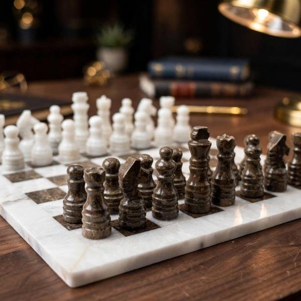 15 inch White Marble Ocean Fossil Chess Set | Luxury Stone Board, Elegant Home Decor