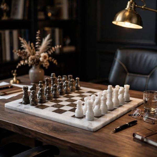 White Marble Ocean Fossil Chess Set | Luxury Stone Board, Elegant Home Decor