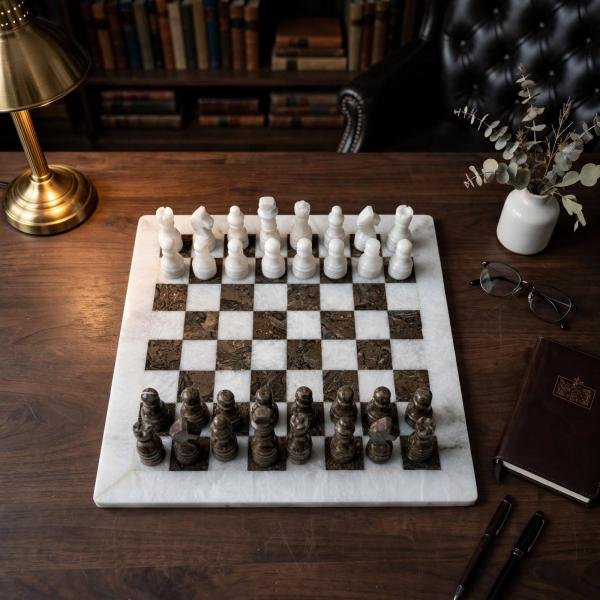 White Marble Ocean Fossil Chess Set | Luxury Stone Board, Elegant Home Decor