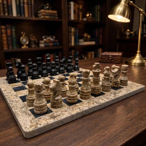Handcrafted Coral Black & Fossil Stone Chess Set | Luxury Home Decor