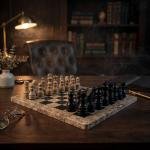 Handcrafted Coral Black & Fossil Stone Chess Set | Luxury Home Decor