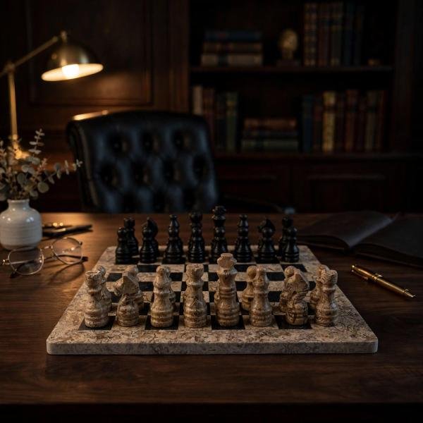 Handcrafted Coral Black & Fossil Stone Chess Set | Luxury Home Decor