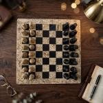 15 inch Handcrafted Coral Black & Fossil Stone Chess Set | Luxury Home Decor