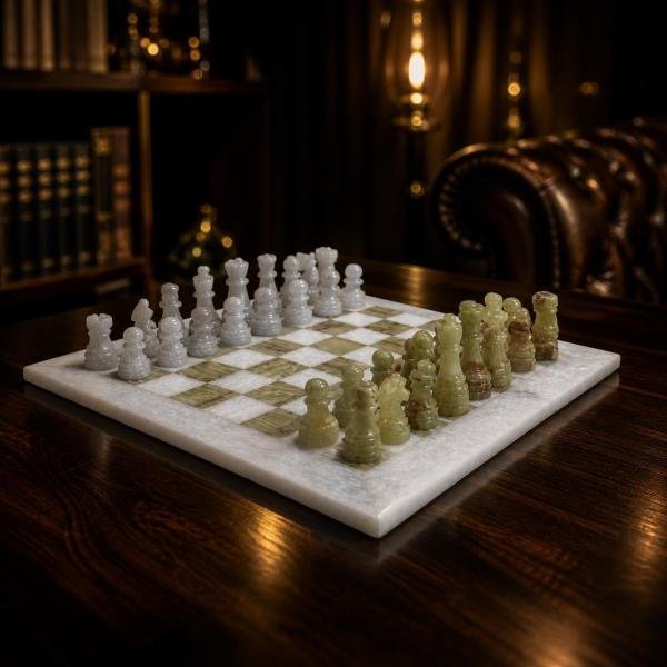 15 Inch White Green Marble Chess Set, Handmade Natural Stone Board, Luxury Home Decor