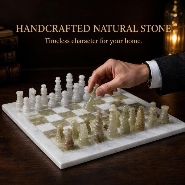 15 Inch White Green Marble Chess Set, Handmade Natural Stone Board, Luxury Home Decor