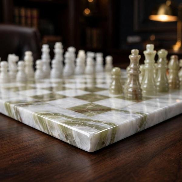 15 Inch White Green Marble Chess Set, Handmade Natural Stone Board, Luxury Home Decor