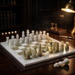 White and Green Marble Chess Set, 12 Inch Handmade Natural Stone Board