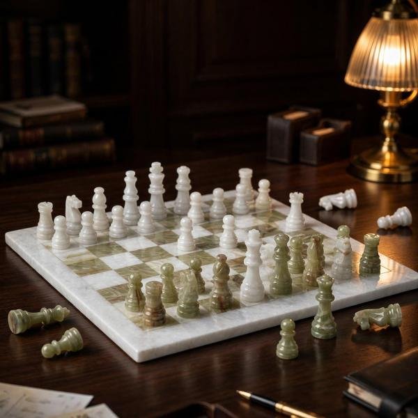 15 Inch White Green Marble Chess Set, Handmade Natural Stone Board, Luxury Home Decor