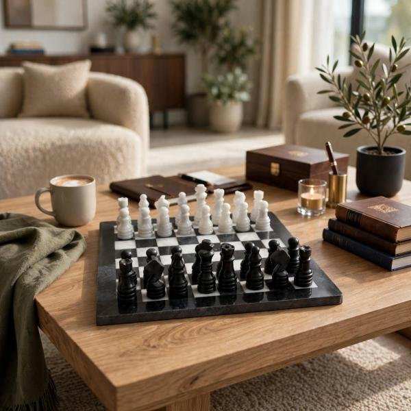 12 inch Black & White Marble Chess Set | Luxury Stone Board, Elegant Home Decor