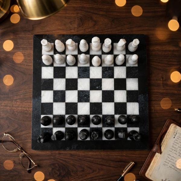 12 inch Black & White Marble Chess Set | Luxury Stone Board, Elegant Home Decor