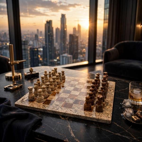 Handcrafted Coral Red Onyx & Fossil Stone Chess Set | Luxury Marble Board, Executive Gift