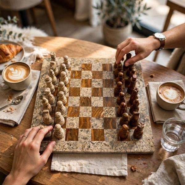 Handcrafted Coral Red Onyx & Fossil Stone Chess Set | Luxury Marble Board, Executive Gift