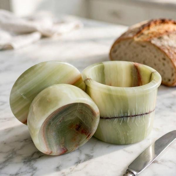 Handmade Green Onyx Marble Butter Keeper | Natural Stone Kitchen Decor