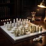 15 Inch White Green Marble Chess Set, Handmade Natural Stone Board, Luxury Home Decor