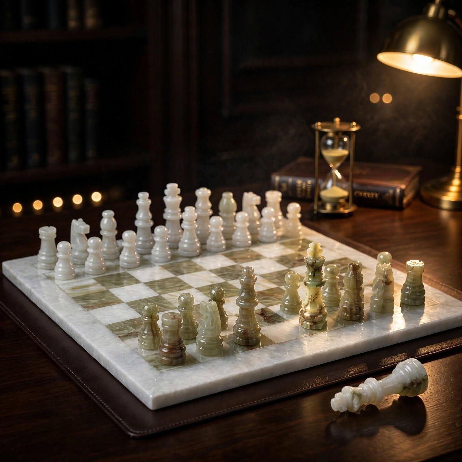 15 Inch White Green Marble Chess Set, Handmade Natural Stone Board, Luxury Home Decor