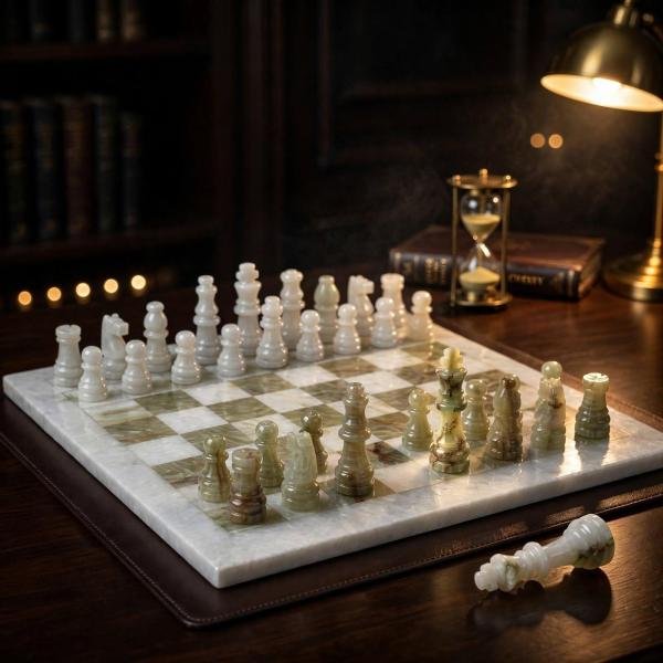 Large Handcrafted White & Green Marble Chess Set, Natural Stone Board, Luxury Chess Gift