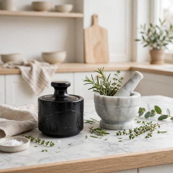 Handmade Black Marble Spice Jar with Lid, Natural Stone Kitchen Storage, Countertop Decor