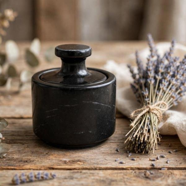 Handmade Black Marble Spice Jar with Lid, Natural Stone Kitchen Storage, Countertop Decor