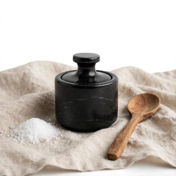 Handmade Black Marble Spice Jar with Lid, Natural Stone Kitchen Storage, Countertop Decor