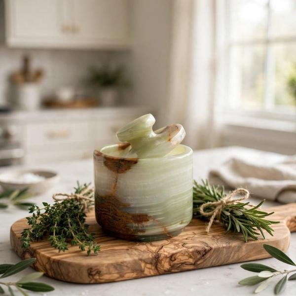 Handmade Green Marble Spice Jar with Lid, Natural Stone Kitchen Storage, Countertop Decor