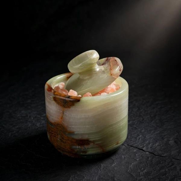 Handmade Green Marble Spice Jar with Lid, Natural Stone Kitchen Storage, Countertop Decor