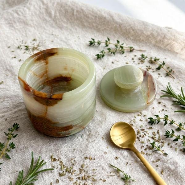 Handmade Green Marble Spice Jar with Lid, Natural Stone Kitchen Storage, Countertop Decor