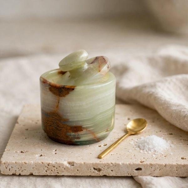 Handmade Green Marble Spice Jar with Lid, Natural Stone Kitchen Storage, Countertop Decor