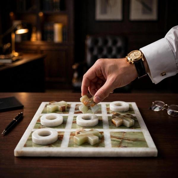 Handmade Onyx Marble Tic Tac Toe Game: White Green Stone Board, Luxury Home Decor