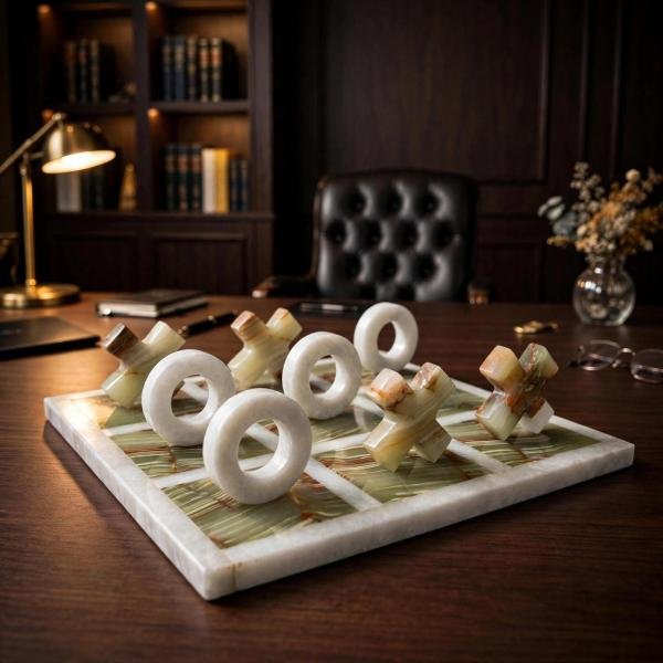 Handmade Onyx Marble Tic Tac Toe Game: White Green Stone Board, Luxury Home Decor